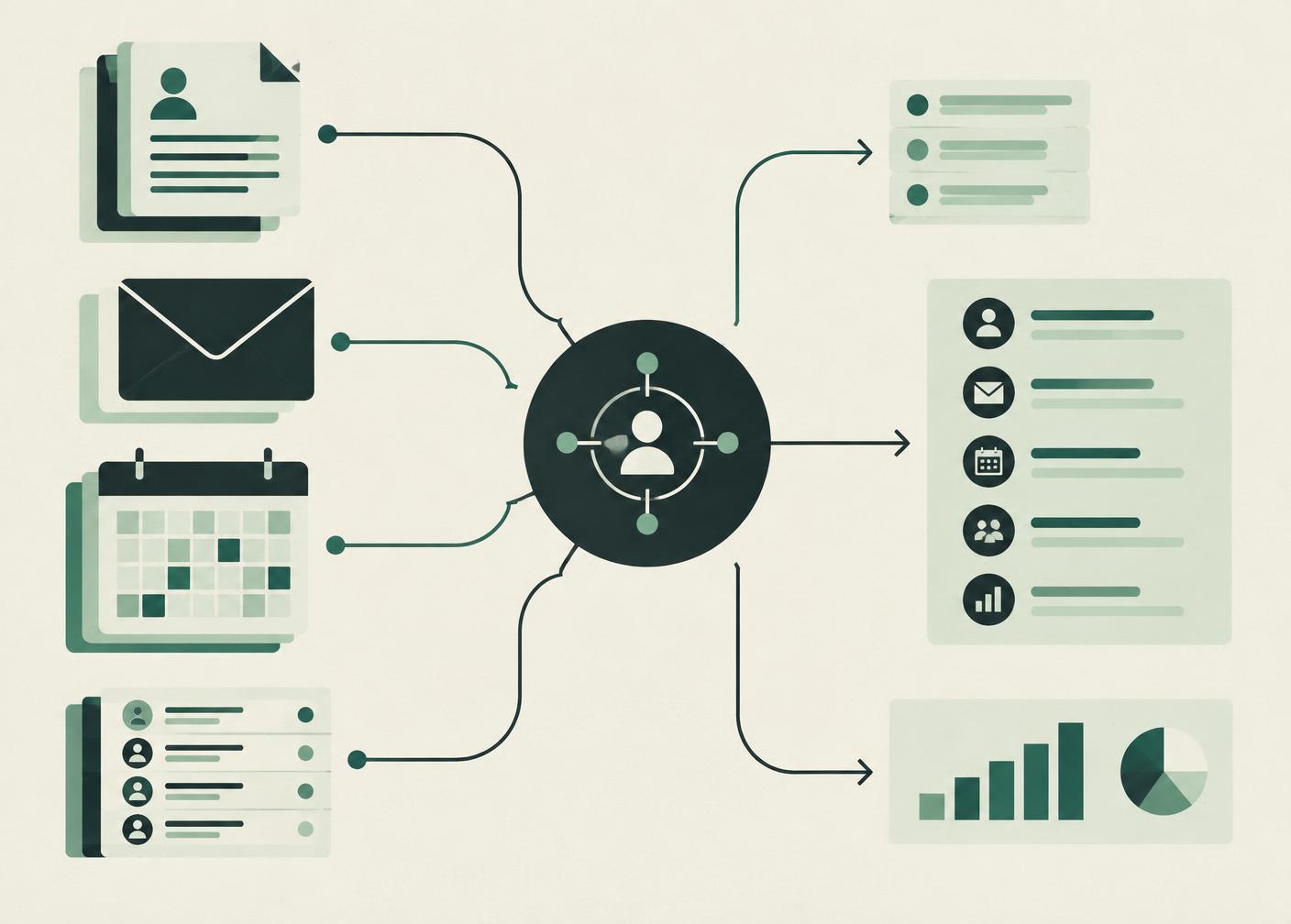 Connected sales records, email, calendar and pipeline signals flowing into one operating system